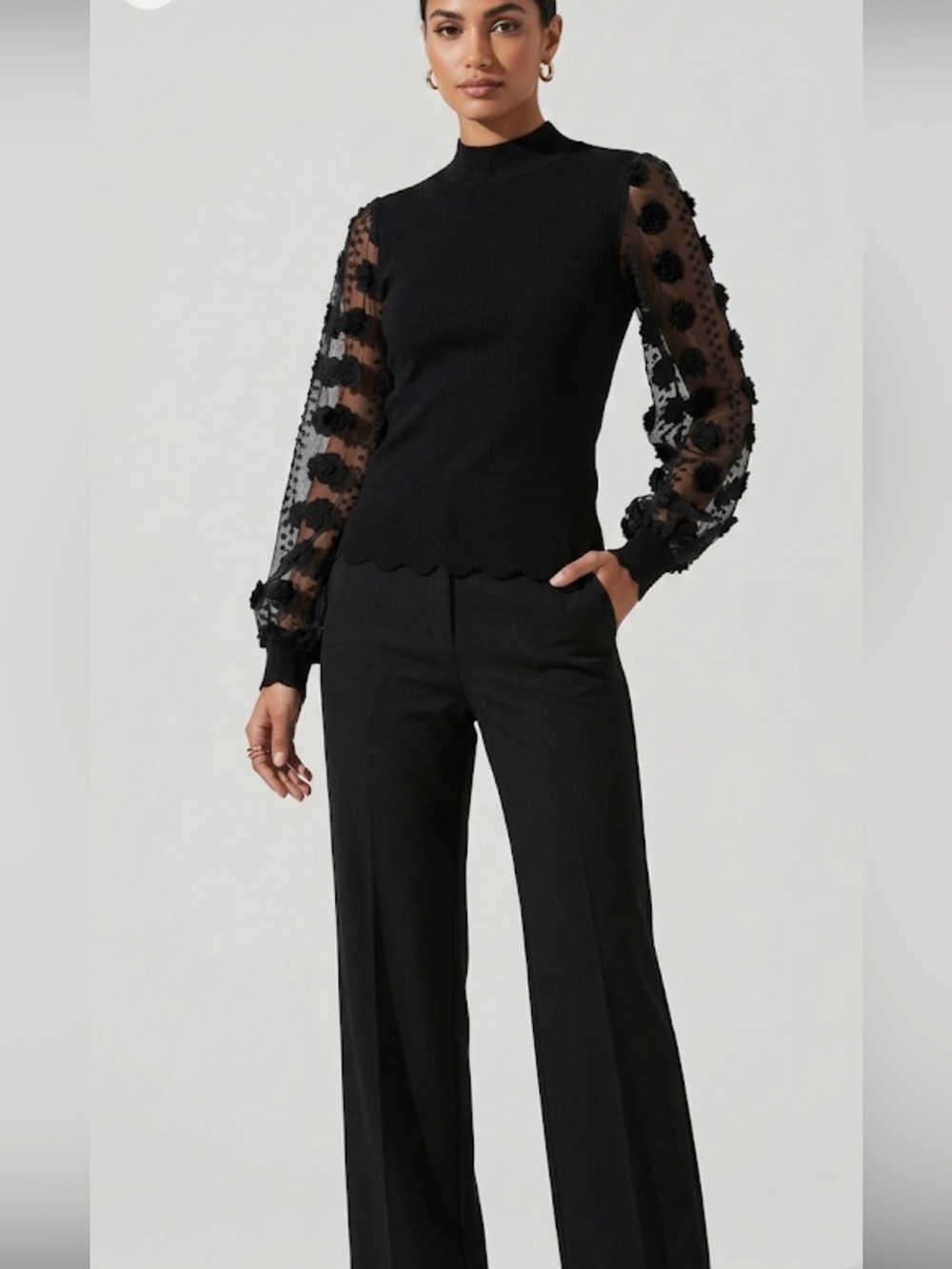 SHEIN Black Top with Sheer Embroidered Sleeves - Size XL